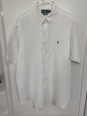 Ralph Lauren White Short-Sleeve Button-Down Shirt with Navy Pony 💯 Linen